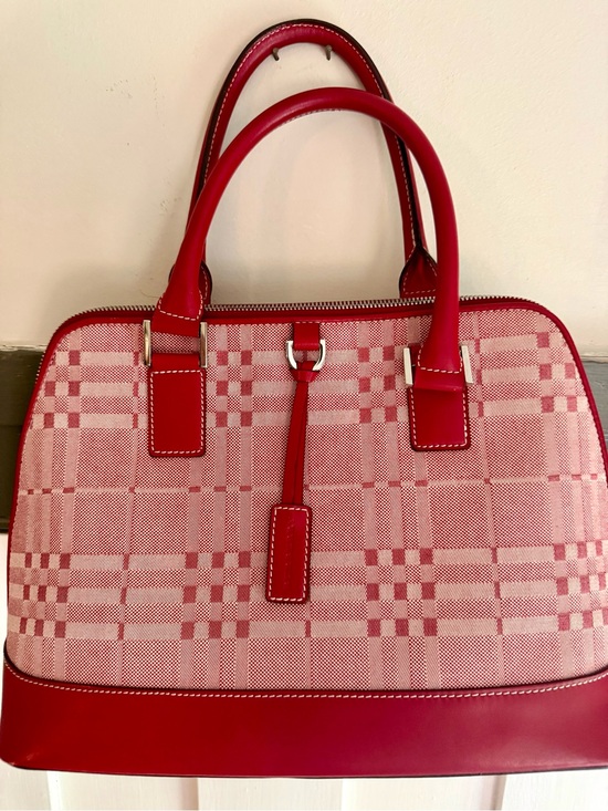 Burberry Handbags - Burberry Red Plaid Satchel with Leather Trim